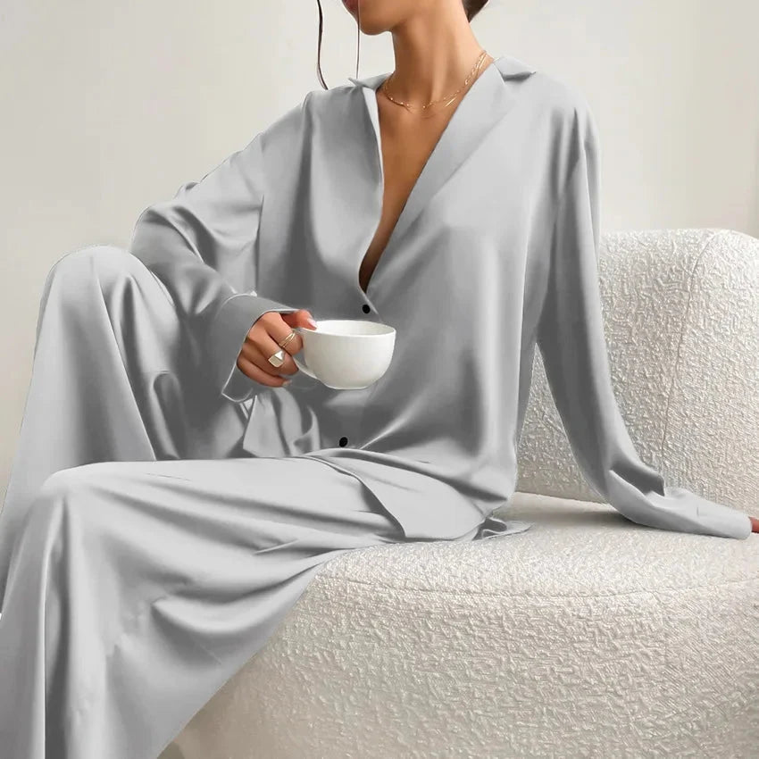 Oversized Satin Silk Pajama Set: Long Sleeve & Wide Leg Pants