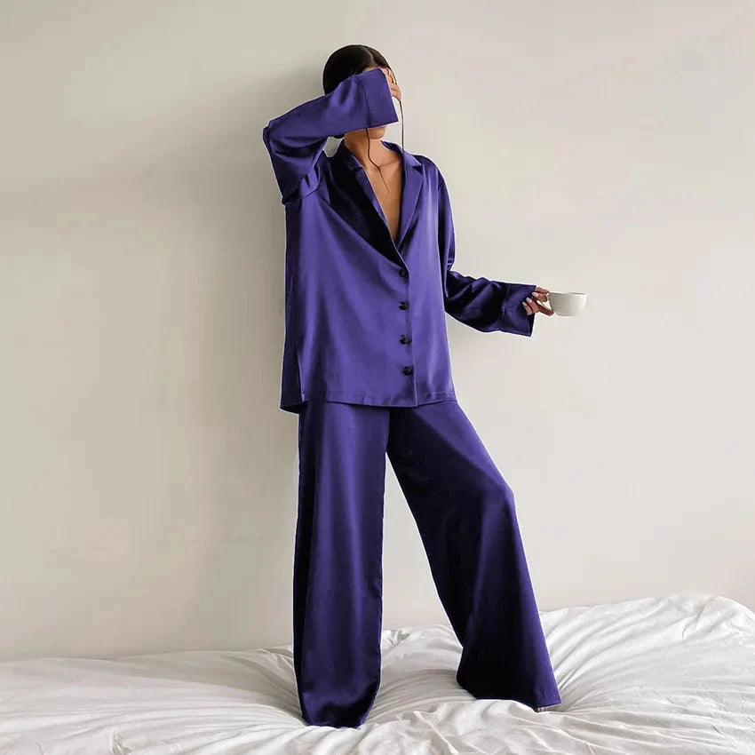 Oversized Satin Silk Pajama Set: Long Sleeve & Wide Leg Pants
