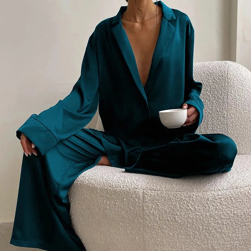 Oversized Satin Silk Pajama Set: Long Sleeve & Wide Leg Pants