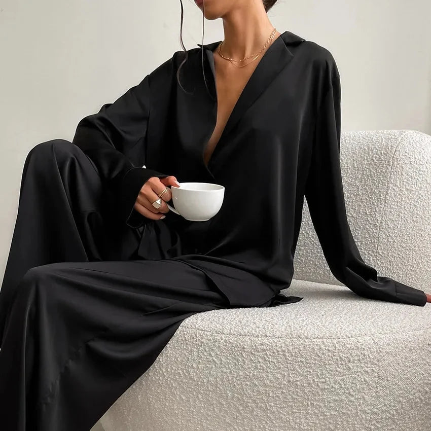 Oversized Satin Silk Pajama Set: Long Sleeve & Wide Leg Pants