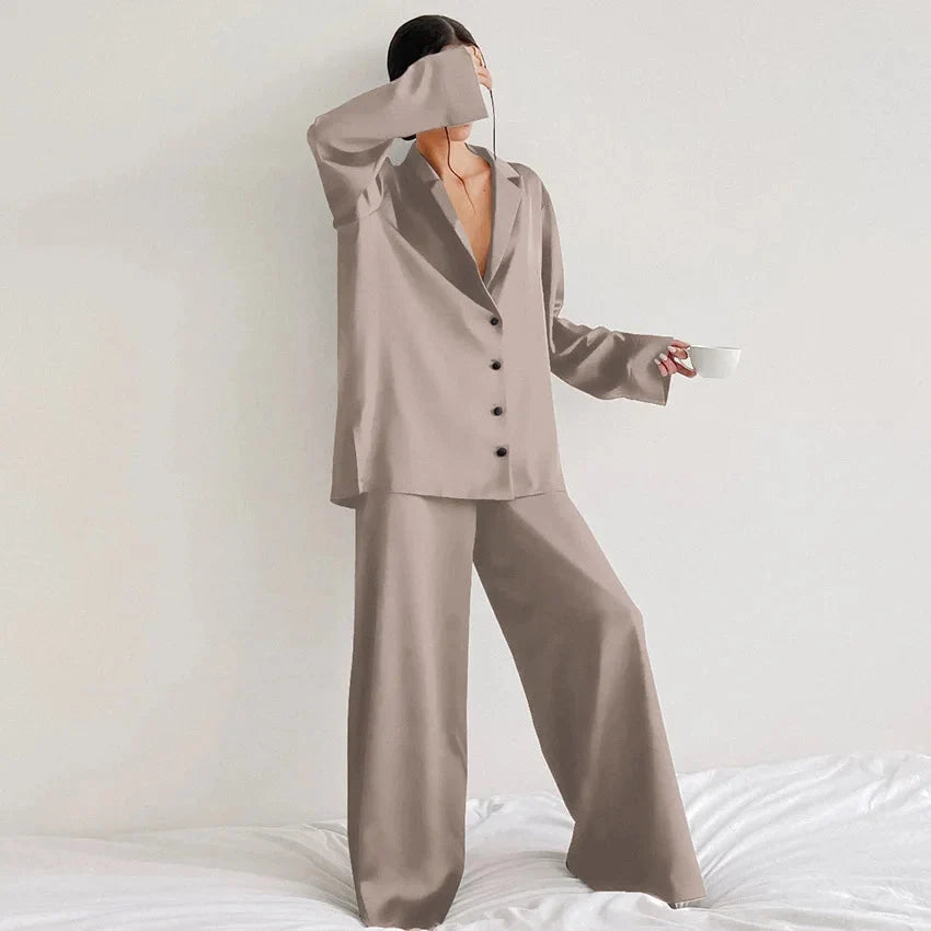 Oversized Satin Silk Pajama Set: Long Sleeve & Wide Leg Pants