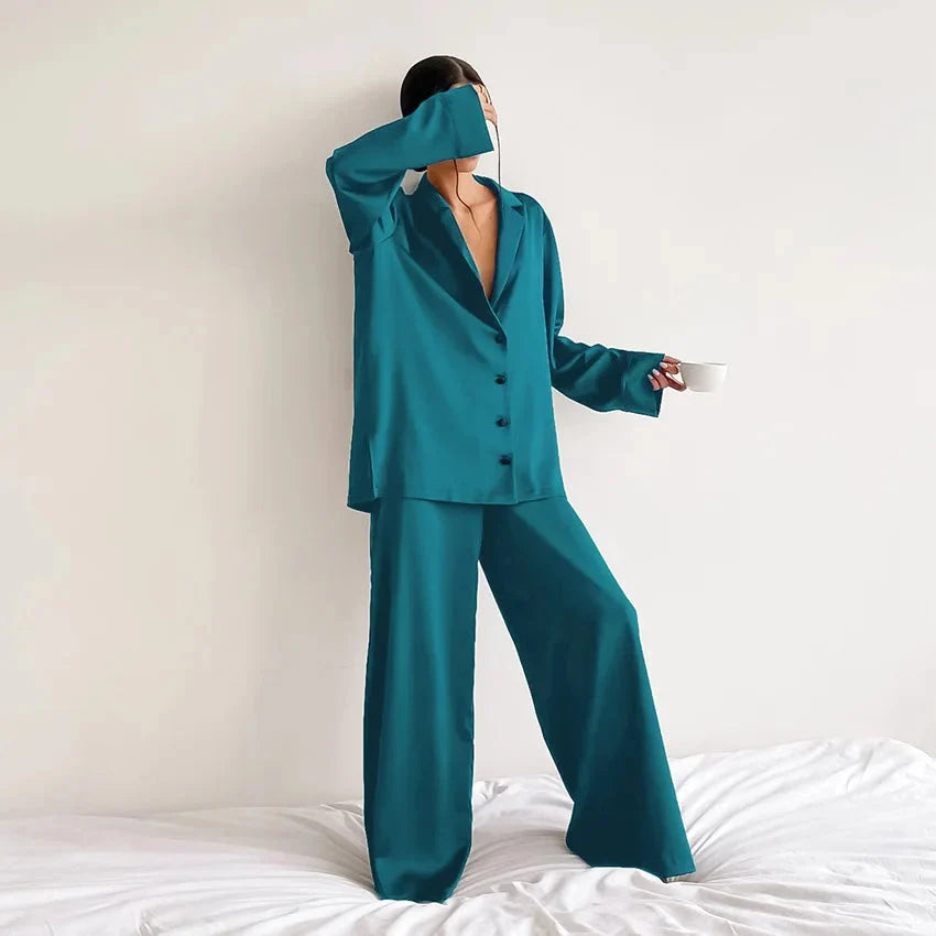 Oversized Satin Silk Pajama Set: Long Sleeve & Wide Leg Pants