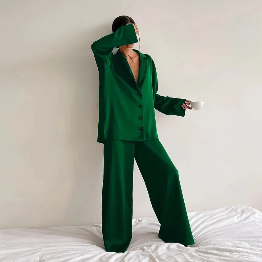 Oversized Satin Silk Pajama Set: Long Sleeve & Wide Leg Pants