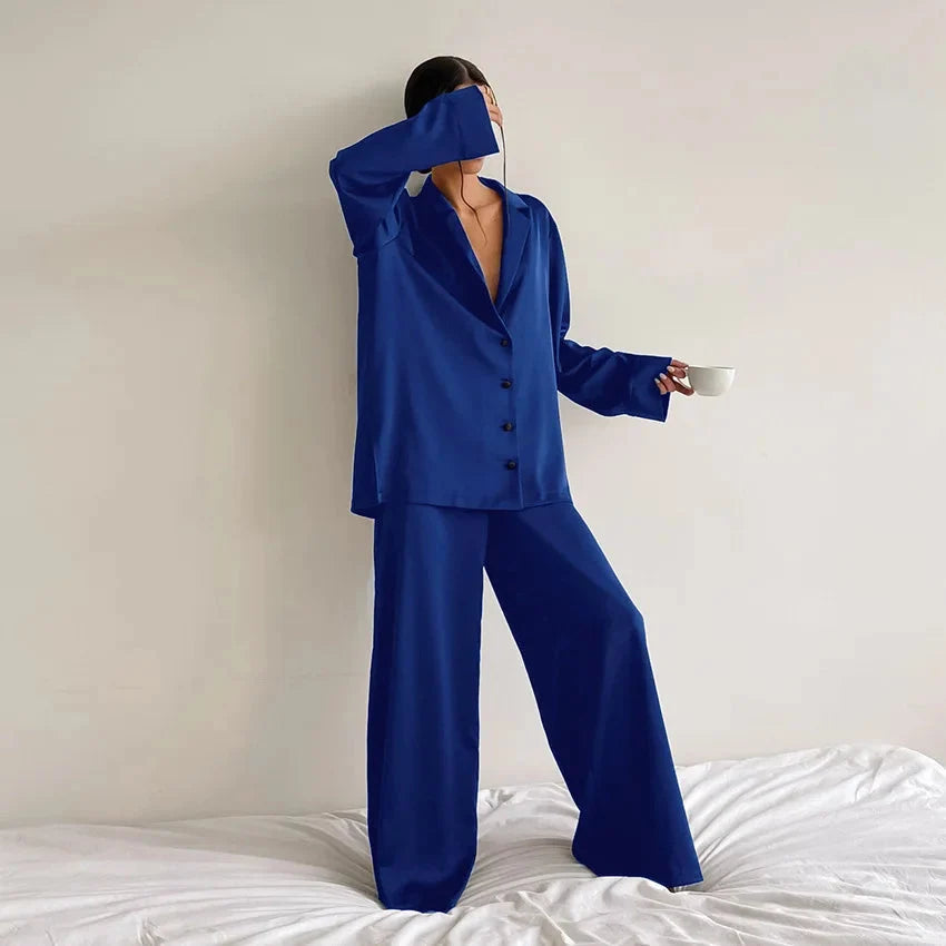 Oversized Satin Silk Pajama Set: Long Sleeve & Wide Leg Pants