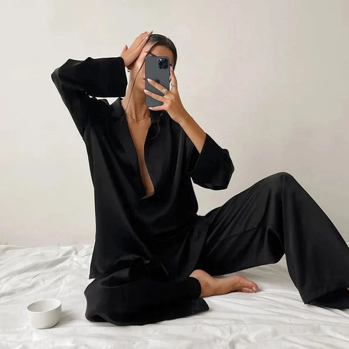 Oversized Satin Silk Pajama Set: Long Sleeve & Wide Leg Pants