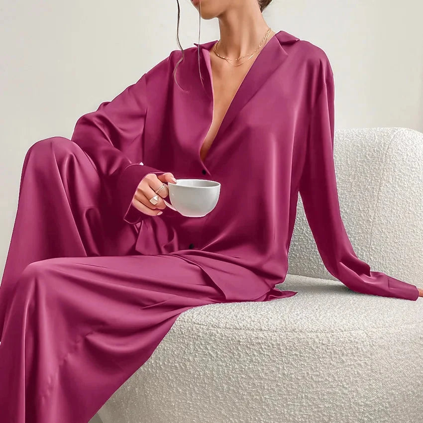 Oversized Satin Silk Pajama Set: Long Sleeve & Wide Leg Pants
