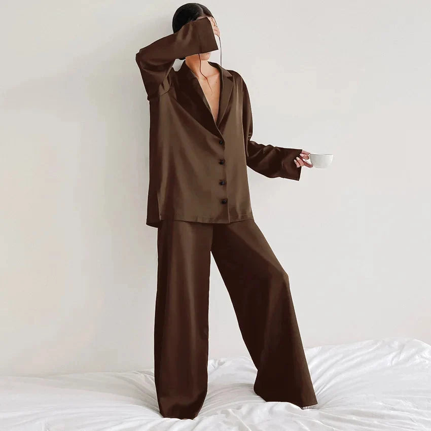 Oversized Satin Silk Pajama Set: Long Sleeve & Wide Leg Pants