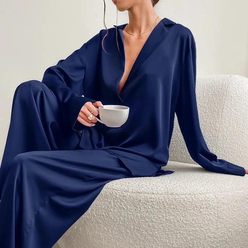 Oversized Satin Silk Pajama Set: Long Sleeve & Wide Leg Pants