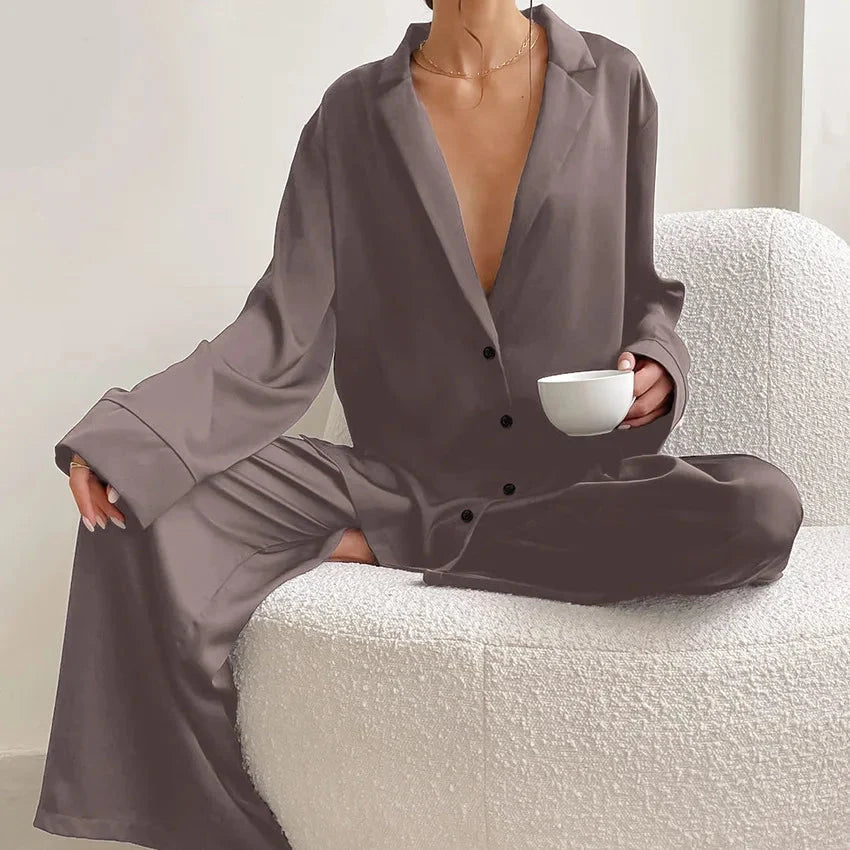 Oversized Satin Silk Pajama Set: Long Sleeve & Wide Leg Pants