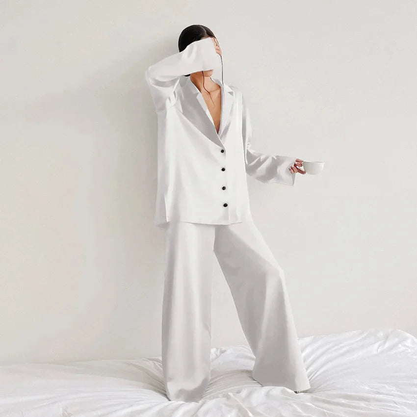 Oversized Satin Silk Pajama Set: Long Sleeve & Wide Leg Pants