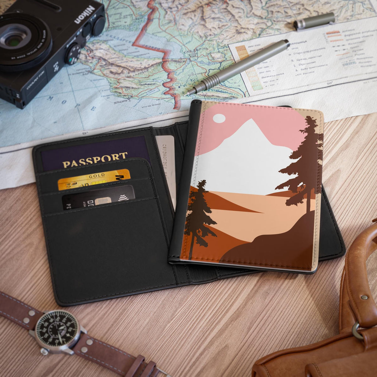 Sunset Mountain Landscape Passport Cover | Minimal Pine Trees