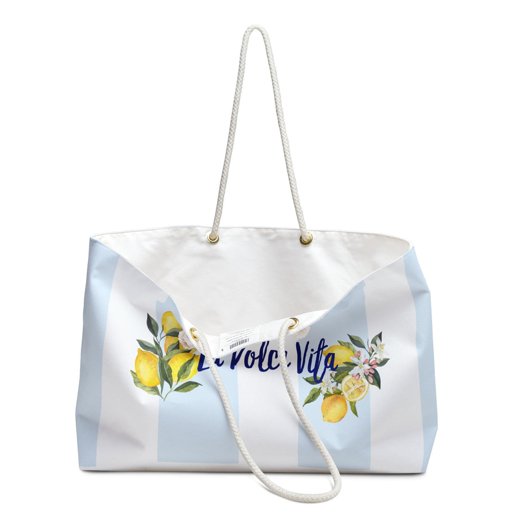 La Dolce Vita Lemon Striped Bachelorette Weekender Bag | Blue White Beach Tote