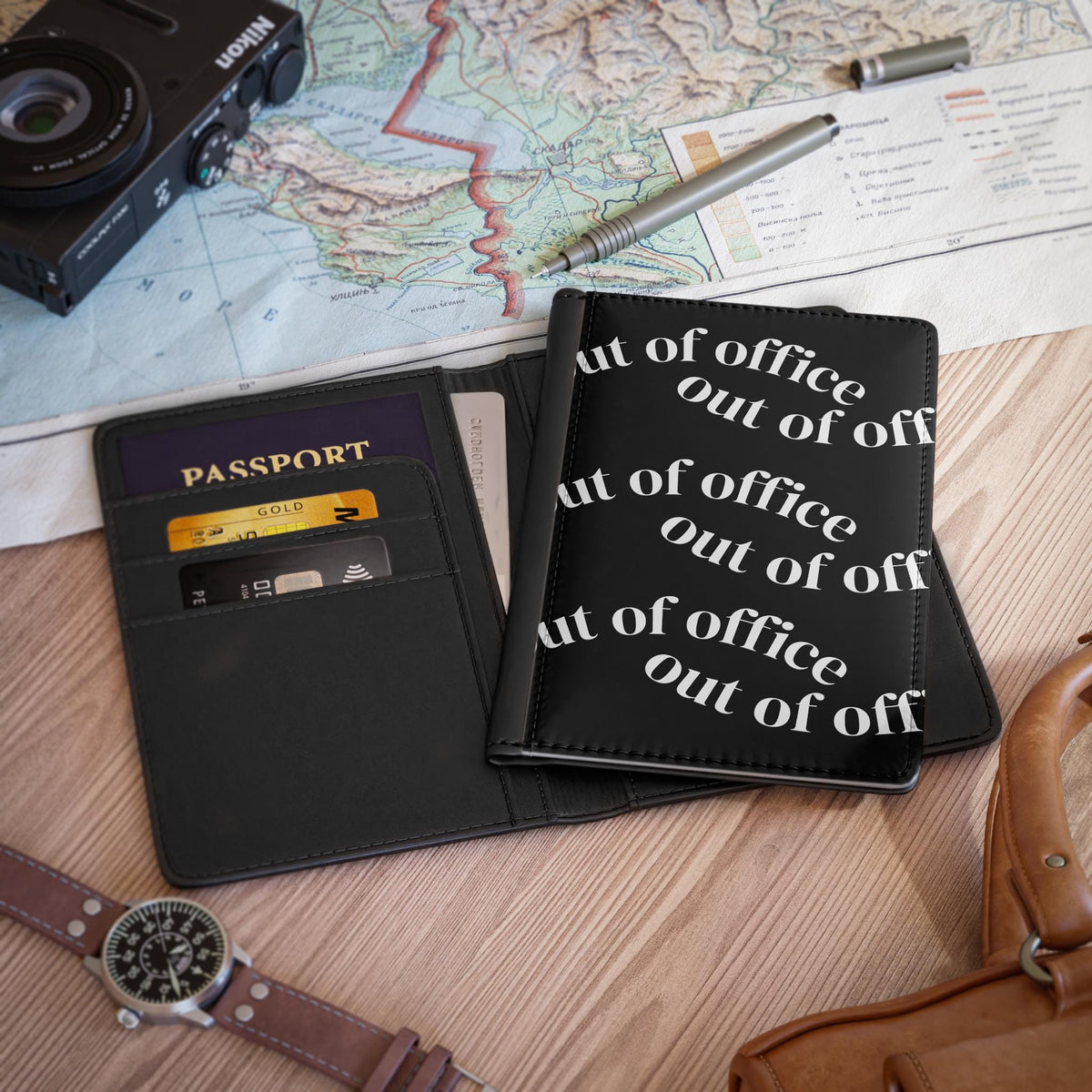 Out of Office Passport Cover | Travel Accessory, Black Text Pattern