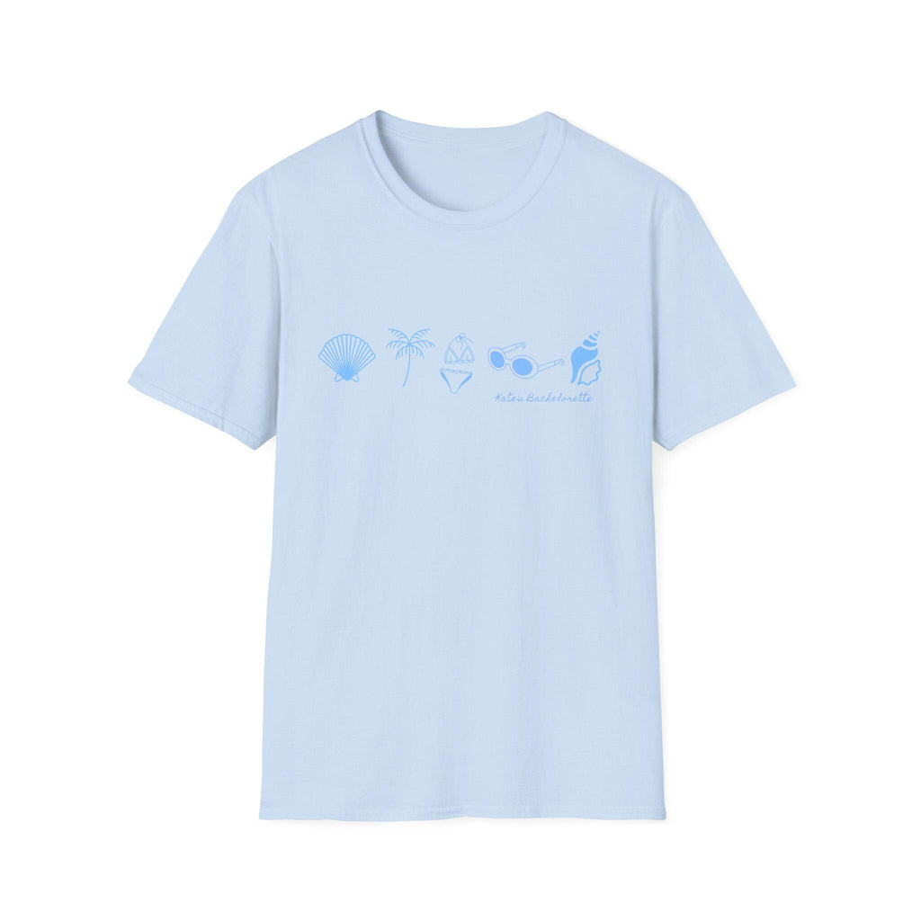 Personalized Bachelorette Minimalist Coastal Icons T-Shirt | Seashell Palm Sunglasses Beach, Wedding Weekend Tee