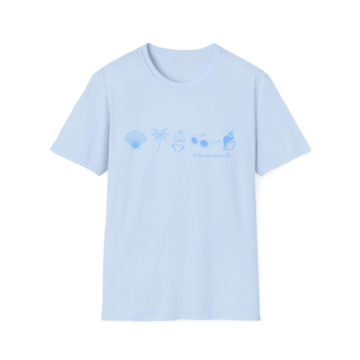 Personalized Bachelorette Minimalist Coastal Icons T-Shirt | Seashell Palm Sunglasses Beach, Wedding Weekend Tee