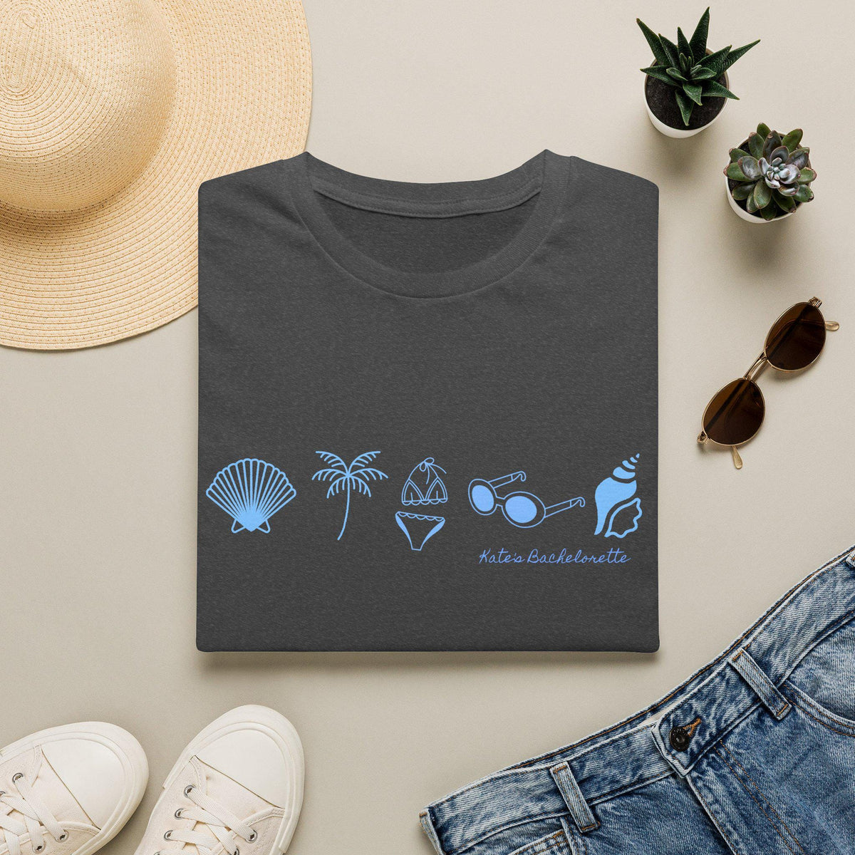 Personalized Bachelorette Minimalist Coastal Icons T-Shirt | Seashell Palm Sunglasses Beach, Wedding Weekend Tee