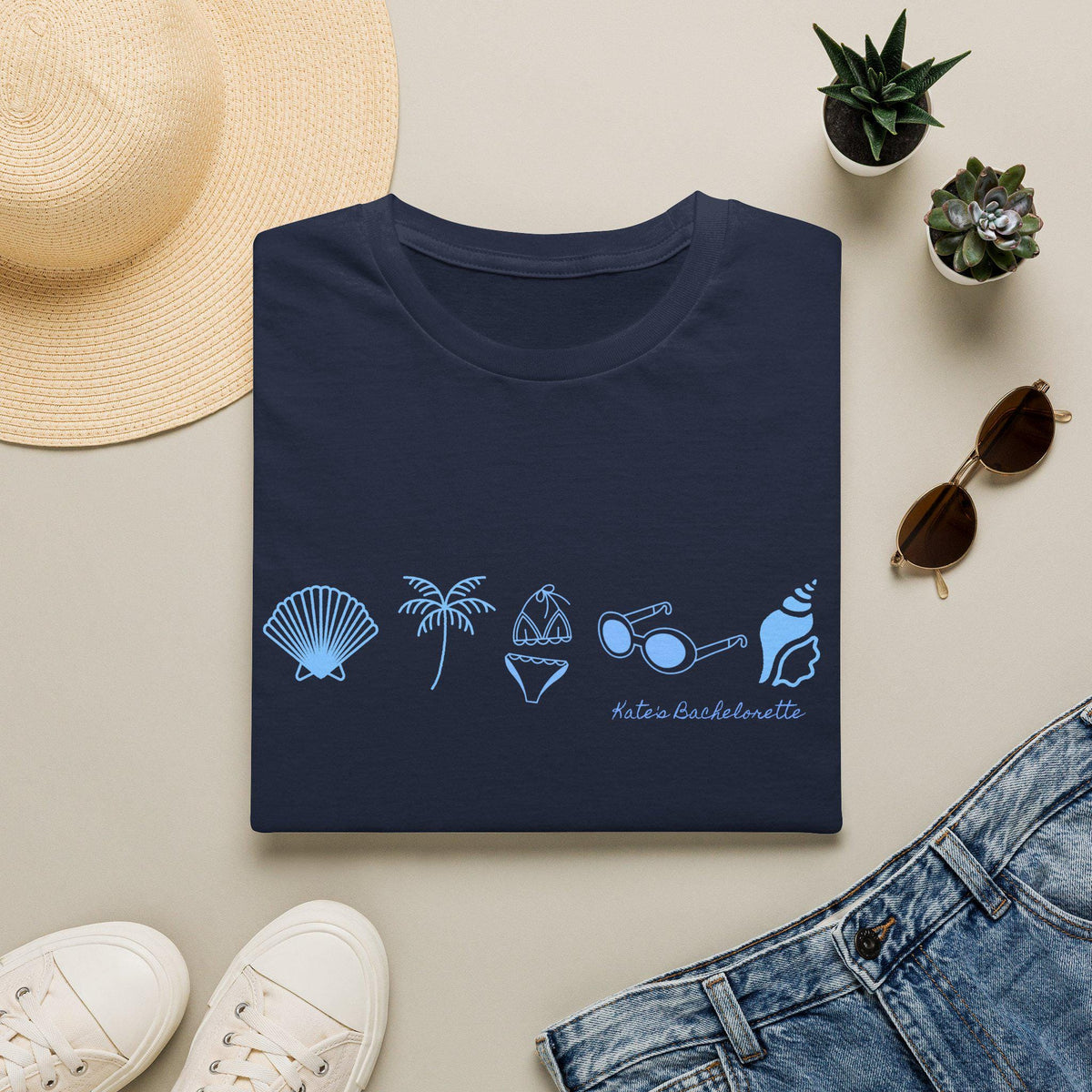 Personalized Bachelorette Minimalist Coastal Icons T-Shirt | Seashell Palm Sunglasses Beach, Wedding Weekend Tee