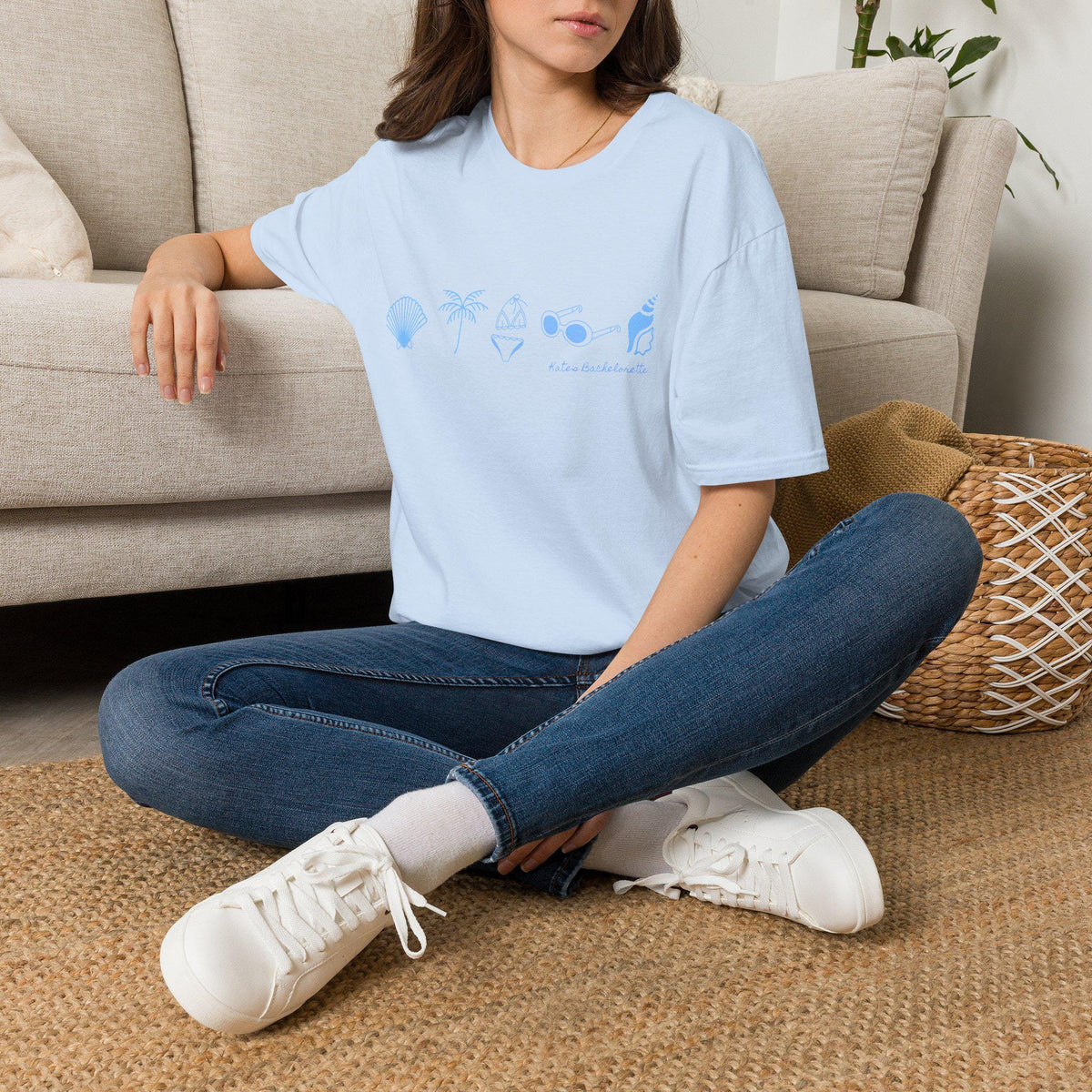 Personalized Bachelorette Minimalist Coastal Icons T-Shirt | Seashell Palm Sunglasses Beach, Wedding Weekend Tee