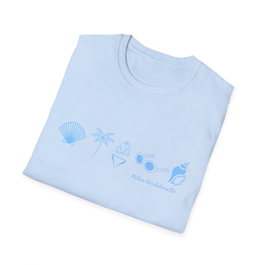 Personalized Bachelorette Minimalist Coastal Icons T-Shirt | Seashell Palm Sunglasses Beach, Wedding Weekend Tee