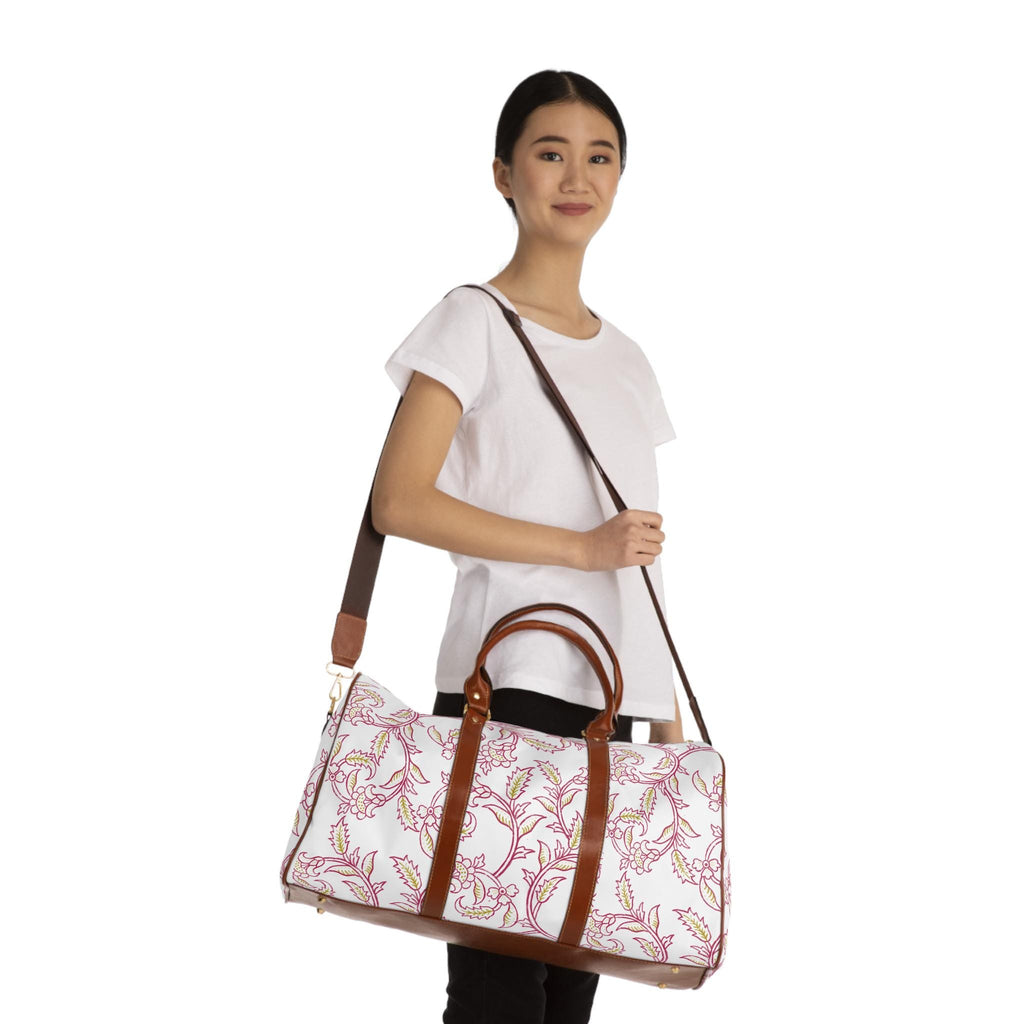 Waterproof Weekend Travel Bag | Chartreuse and Burgundy floral | Botanical Weekender Duffle