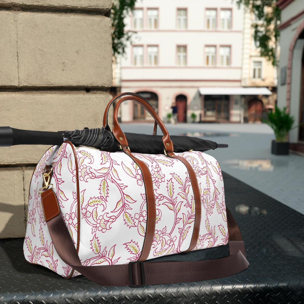 Waterproof Weekend Travel Bag | Chartreuse and Burgundy floral | Botanical Weekender Duffle