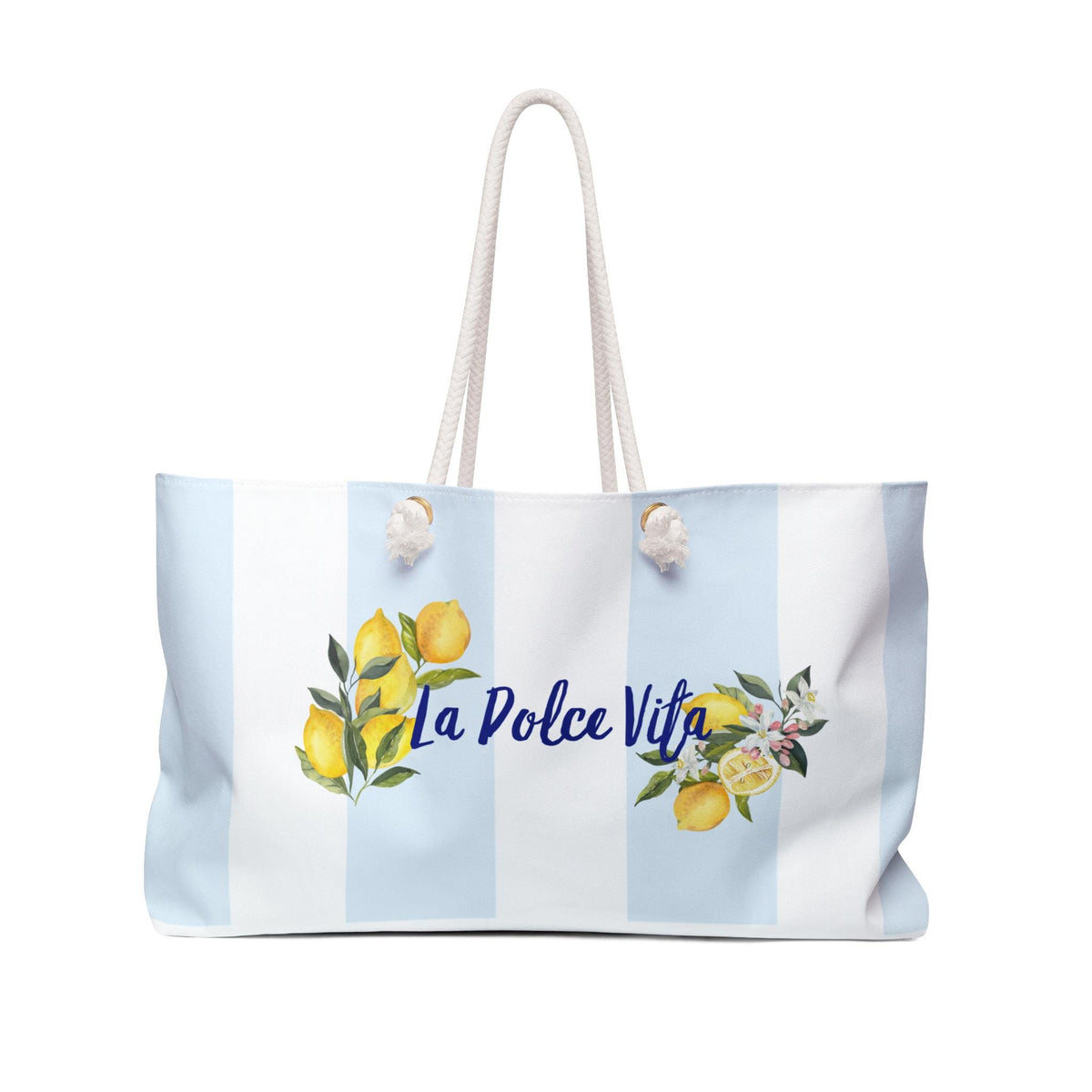 La Dolce Vita Lemon Striped Bachelorette Weekender Bag | Blue White Beach Tote