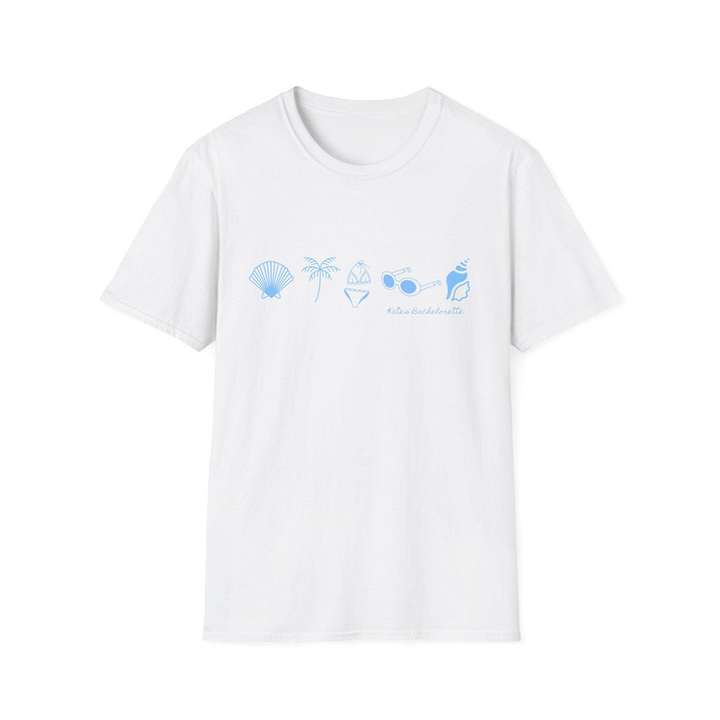 Personalized Bachelorette Minimalist Coastal Icons T-Shirt | Seashell Palm Sunglasses Beach, Wedding Weekend Tee