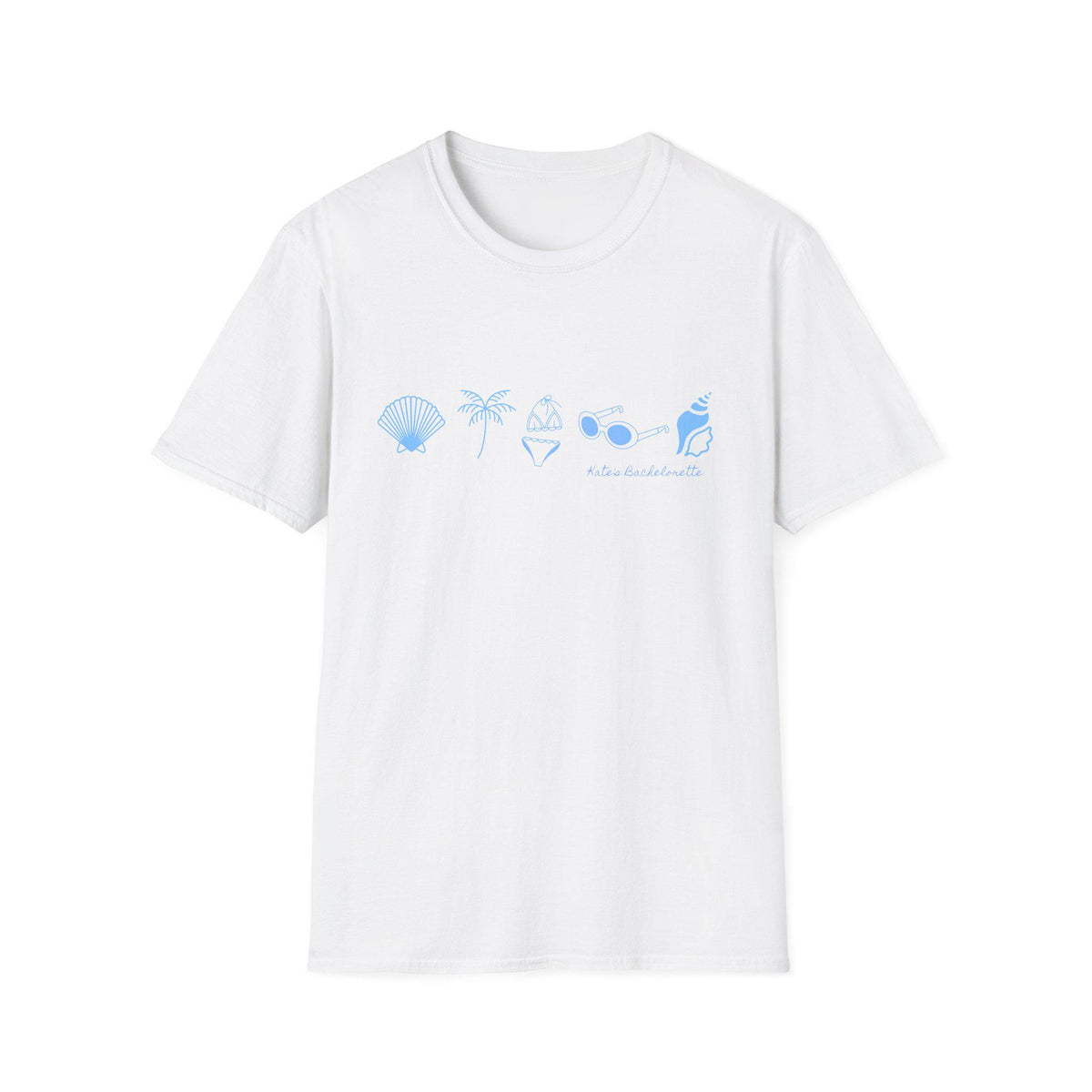 Personalized Bachelorette Minimalist Coastal Icons T-Shirt | Seashell Palm Sunglasses Beach, Wedding Weekend Tee