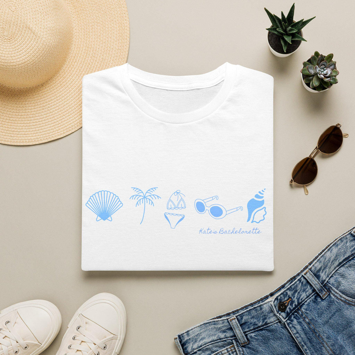 Personalized Bachelorette Minimalist Coastal Icons T-Shirt | Seashell Palm Sunglasses Beach, Wedding Weekend Tee