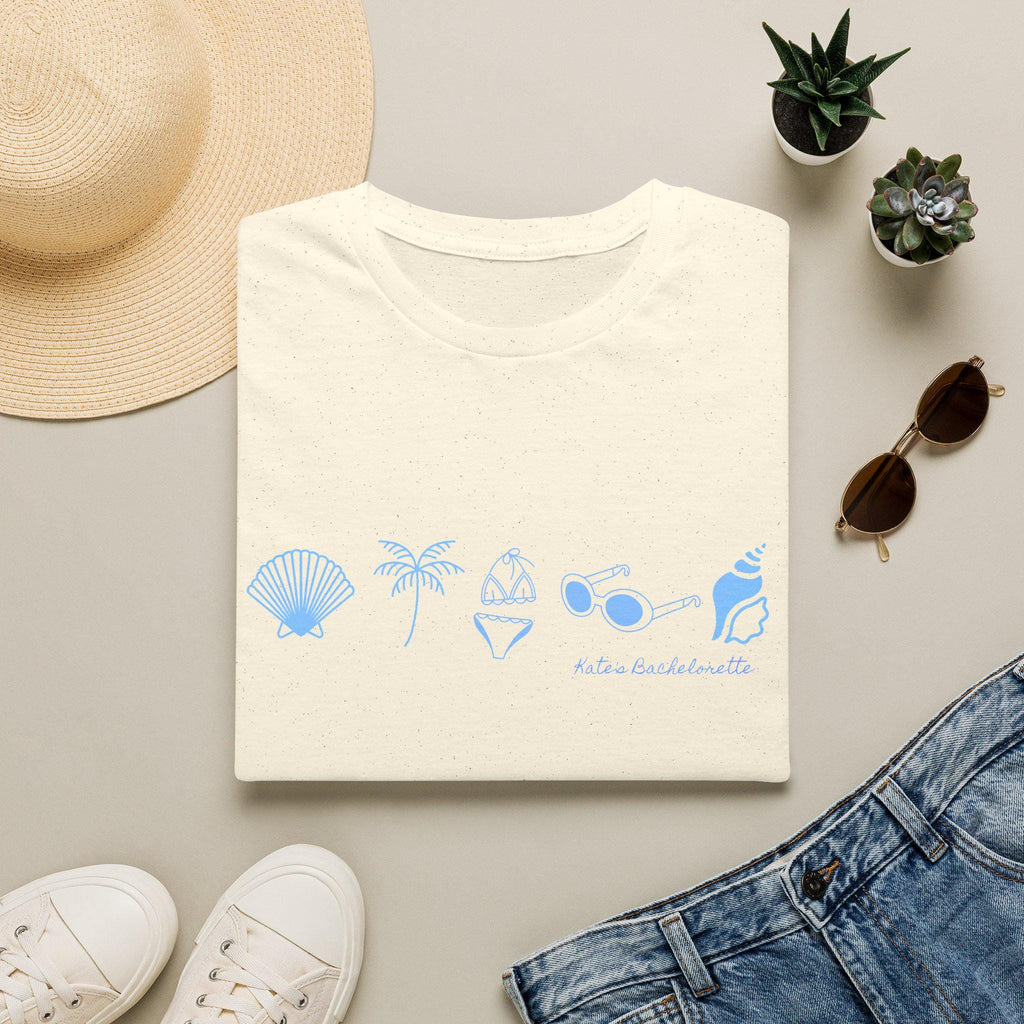 Personalized Bachelorette Minimalist Coastal Icons T-Shirt | Seashell Palm Sunglasses Beach, Wedding Weekend Tee