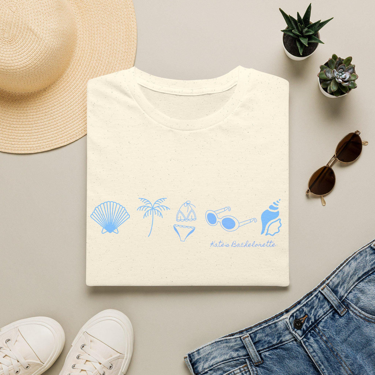 Personalized Bachelorette Minimalist Coastal Icons T-Shirt | Seashell Palm Sunglasses Beach, Wedding Weekend Tee