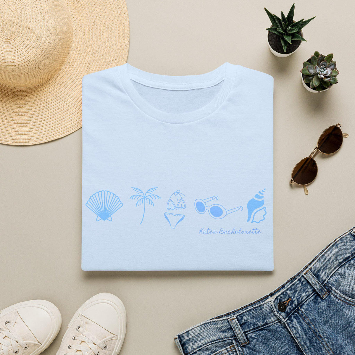 Personalized Bachelorette Minimalist Coastal Icons T-Shirt | Seashell Palm Sunglasses Beach, Wedding Weekend Tee