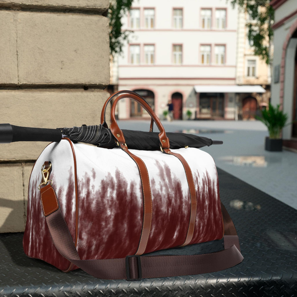 Maroon Watercolor Ombre Waterproof Travel Bag | Duffle, Weekender