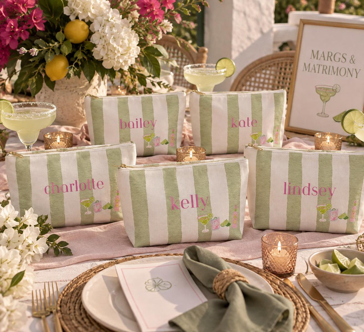 Personalized Accessory Pouch | Striped Margarita Cosmetic Bag | Margs & Matrimony themed gift bag