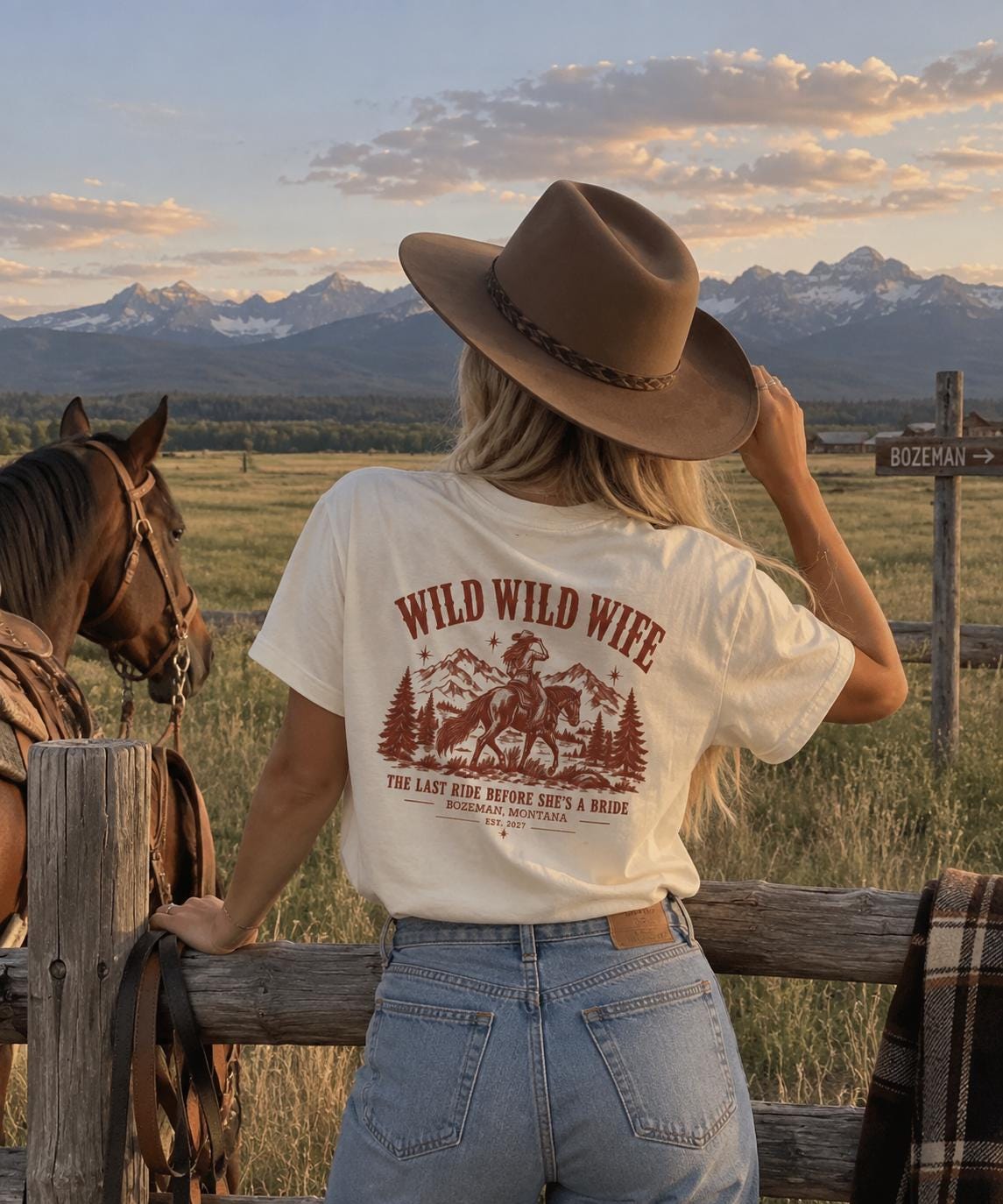 Wild Wife Western Bachelorette T-Shirt | Western horseshoe graphic and Horse rider