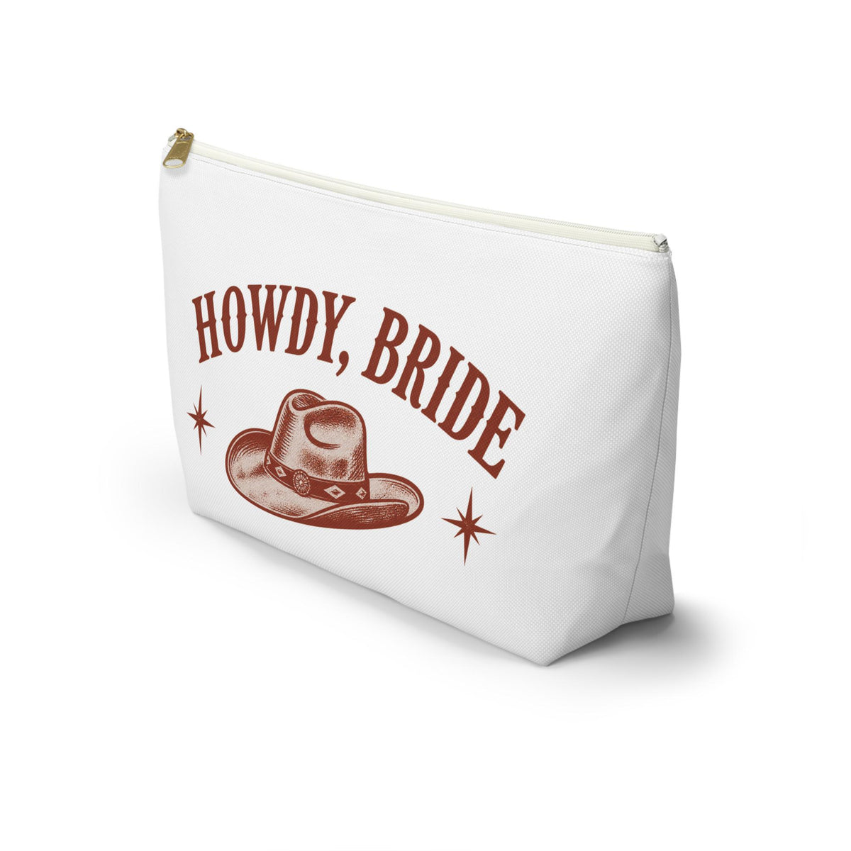 Howdy, Bride Accessory Pouch | Front & Back Print | Western Cowgirl Hat Bridal Makeup Bag