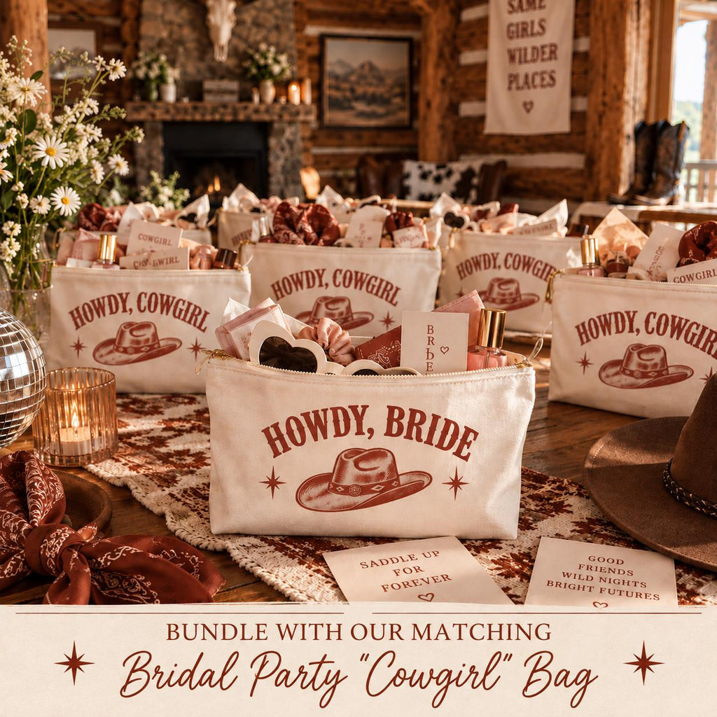 Howdy, Bride Accessory Pouch | Front & Back Print | Western Cowgirl Hat Bridal Makeup Bag