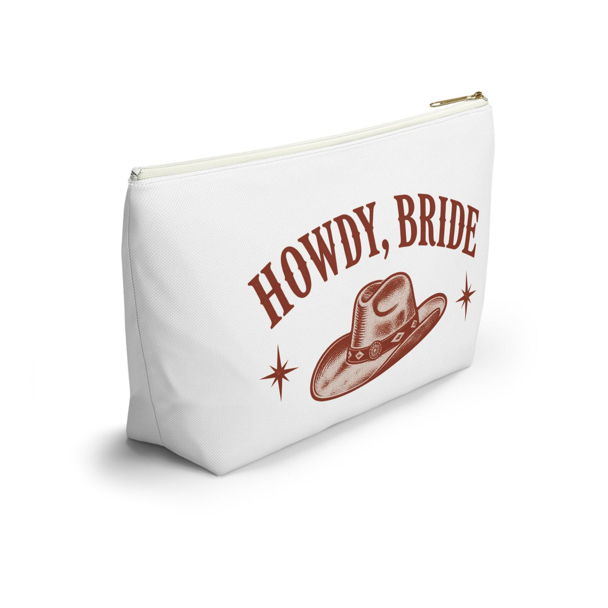 Howdy, Bride Accessory Pouch | Front & Back Print | Western Cowgirl Hat Bridal Makeup Bag